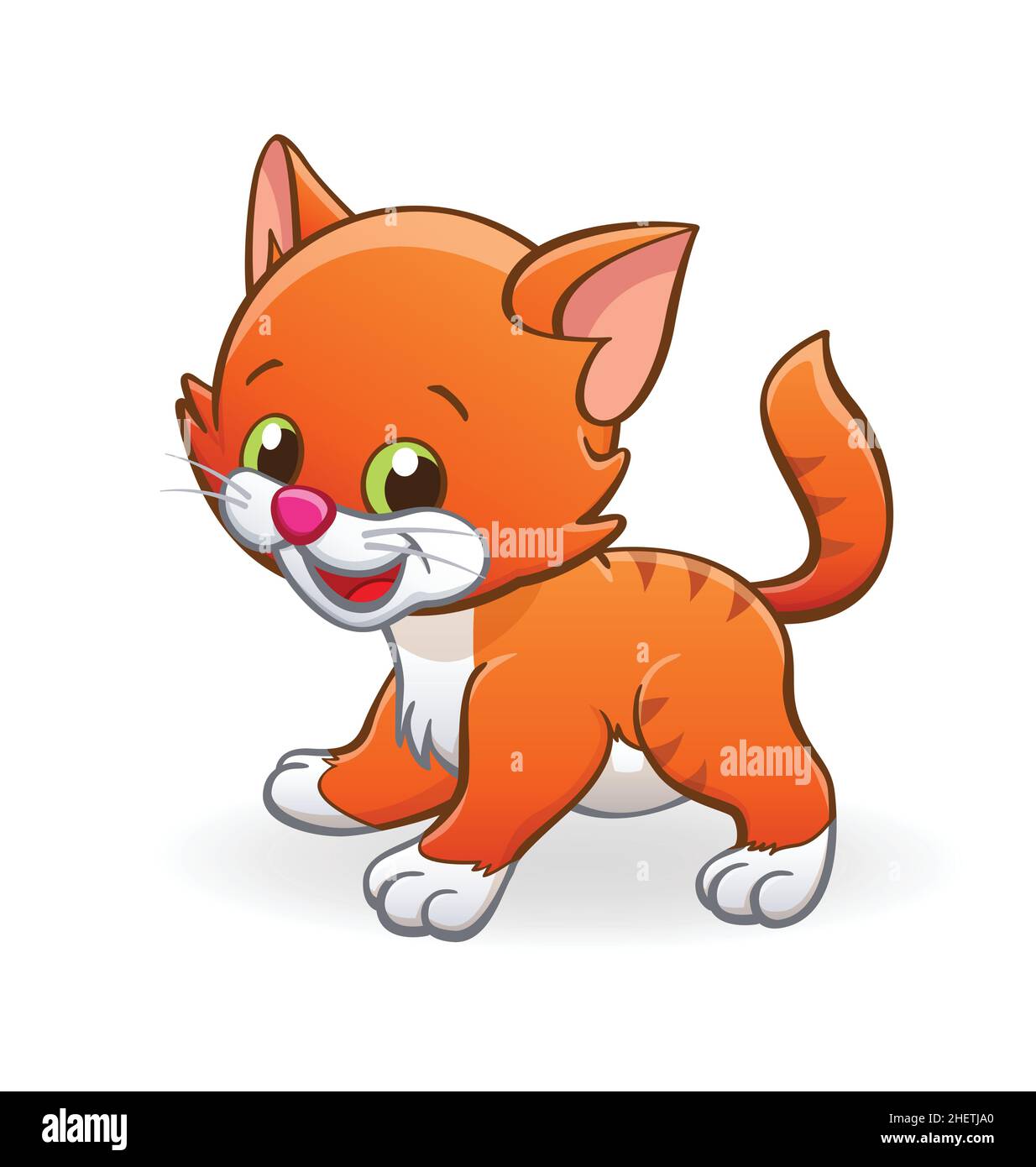 Cute smiling cartoon ginger kitten cat character with white paws