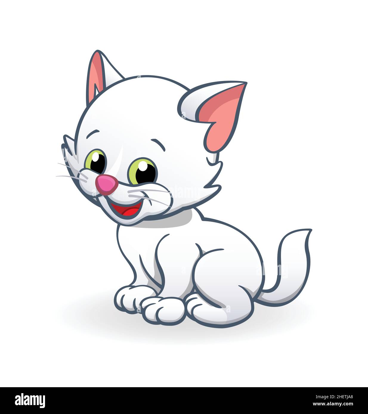 Cute smiling cartoon white kitten cat character sitting vector isolated on white background Stock Vector