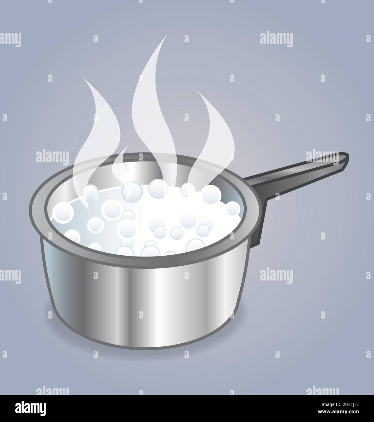 metal steel pot with boiling steaming water illustration vector Stock