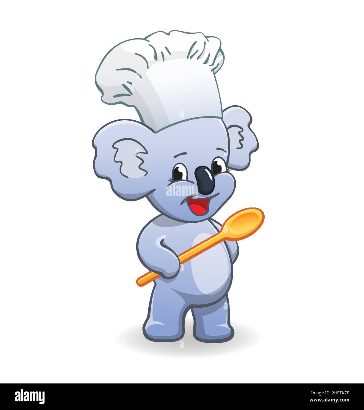 cute happy smiling australian koala chef cook with wooden spoon and chefs hat cartoon character vector isolated on white background Stock Vector