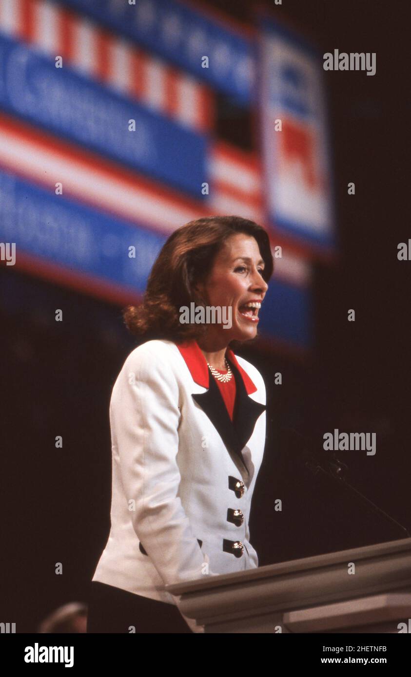 Houston Texas USA, August 1992: Marilyn Quayle, wife of vice president Dan Quayle, speaks at the Republican National Convention.  ©Bob Daemmrich Stock Photo