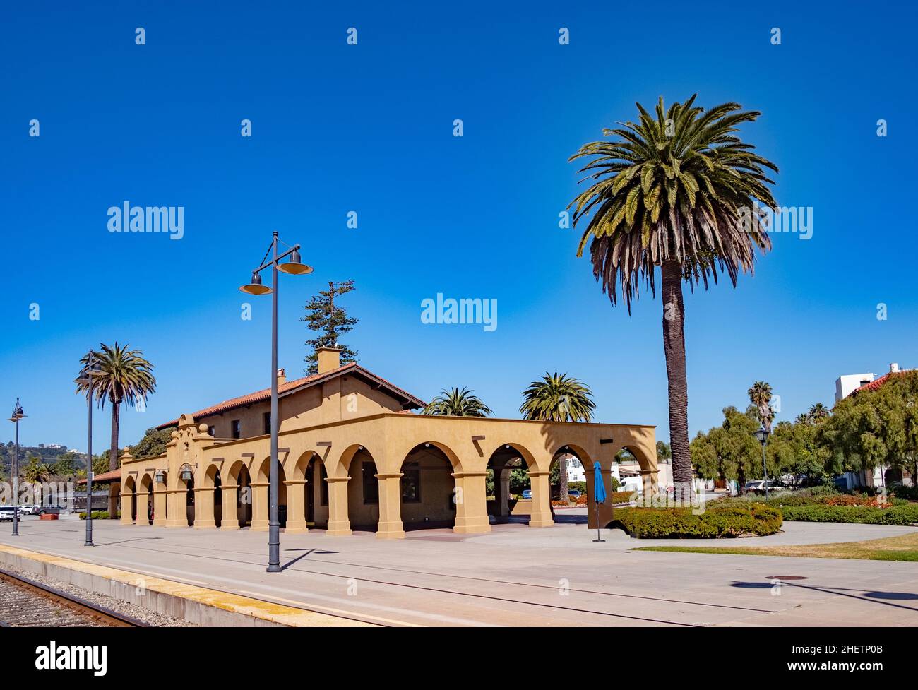 Santa Barbara Train Station was built in 1902 by the Southern Pacific Railroad in the Spanish Mission Revival Style. Stock Photo
