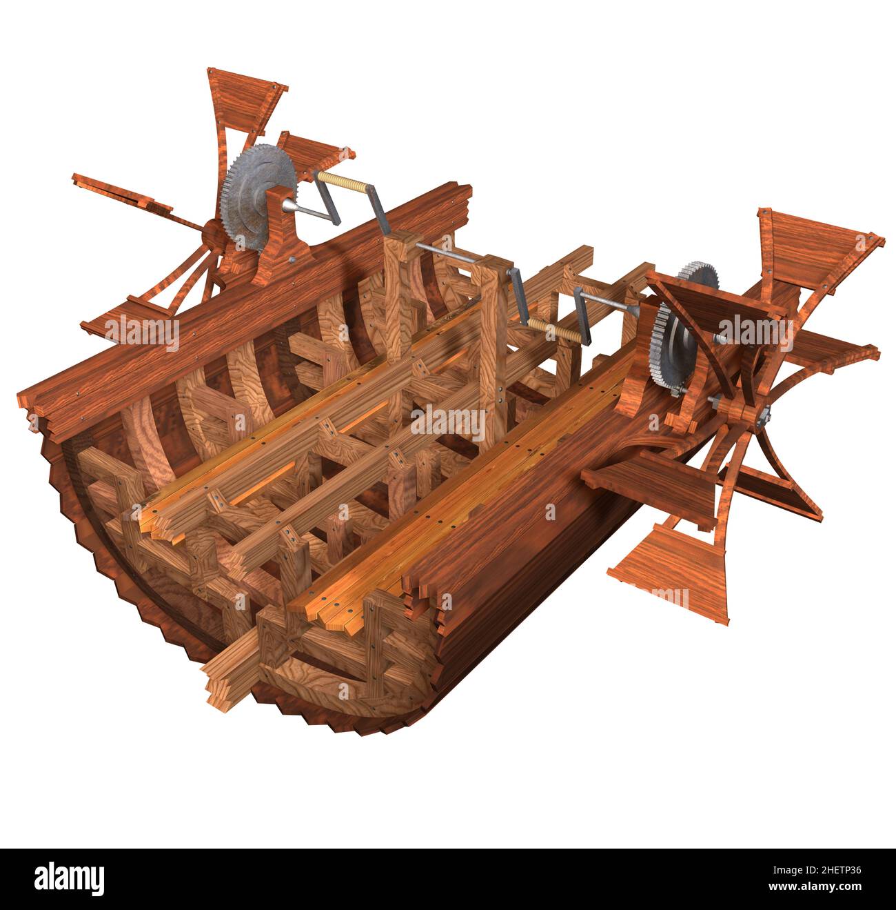 3D Rendering Illustration of Leonardo da Vinci desing and invention of a prototype of Paddle Boat. Stock Photo