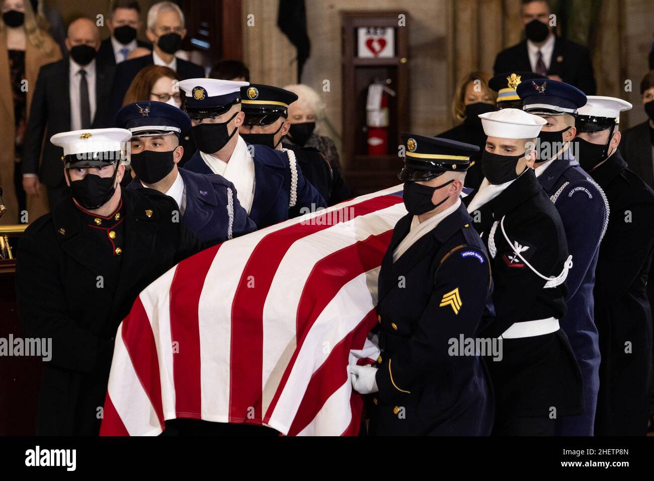 A U.S. Joint Forces bearer team carries the flag-draped casket of former Senate Majority Leader Harry Reid, D-NV, inside the U.S. Capitol where he will lie in state, Wednesday, Jan. 12, 2022, in Washington. Reid, who served five terms in the Senate, will be honored Wednesday in the Capitol Rotunda during a ceremony closed to the public under COVID-19 protocols.Credit: Graeme Jennings/Pool via CNP /MediaPunch Stock Photo