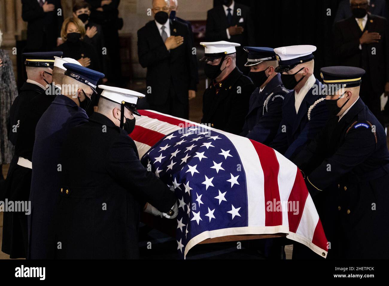 A U.S. Joint Forces bearer team places the flag-draped casket of former Senate Majority Leader Harry Reid, D-NV, inside the U.S. Capitol where he will lie in state, Wednesday, Jan. 12, 2022, in Washington. Reid, who served five terms in the Senate, will be honored Wednesday in the Capitol Rotunda during a ceremony closed to the public under COVID-19 protocols.Credit: Graeme Jennings/Pool via CNP /MediaPunch Stock Photo