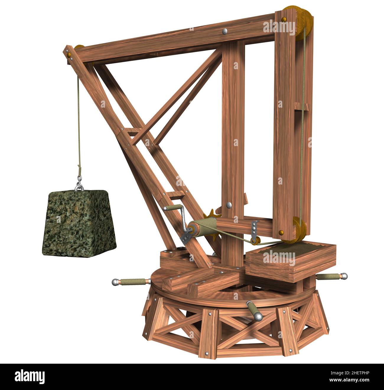 3D Rendering Illustration of Leonardo da Vinci desing and invention of Rotatable Crane. Stock Photo