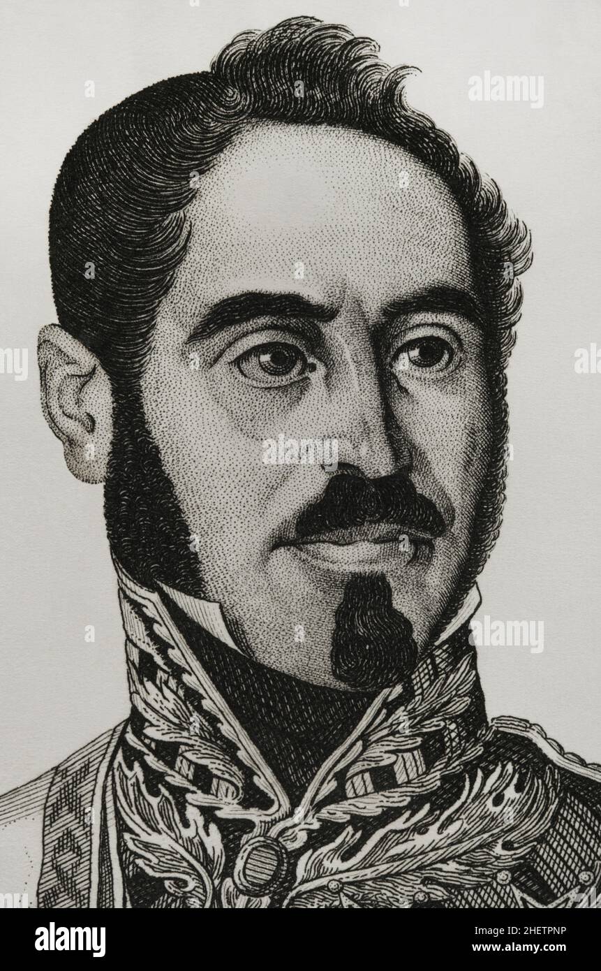 Joaquín Baldomero Fernández-Espartero Alvarez de Toro (1793-1879), called Baldomero Espartero. Spanish military and politician. He served as the Regent of Spain. Portrait. Illustration by Miranda. Engraving by Pedro Celestino Maré. Detail. Panorama Español, Crónica Contemporánea. Volume III. Madrid, 1845. Stock Photo