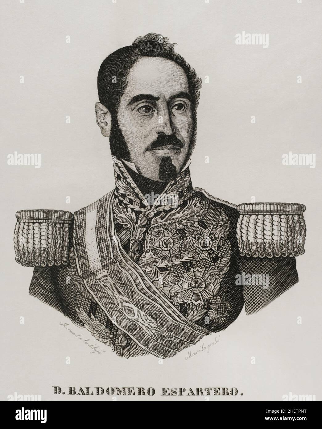 Joaquín Baldomero Fernández-Espartero Alvarez de Toro (1793-1879), called Baldomero Espartero. Spanish military and politician. He served as the Regent of Spain. Portrait. Illustration by Miranda. Engraving by Pedro Celestino Maré. Panorama Español, Crónica Contemporánea. Volume III. Madrid, 1845. Stock Photo