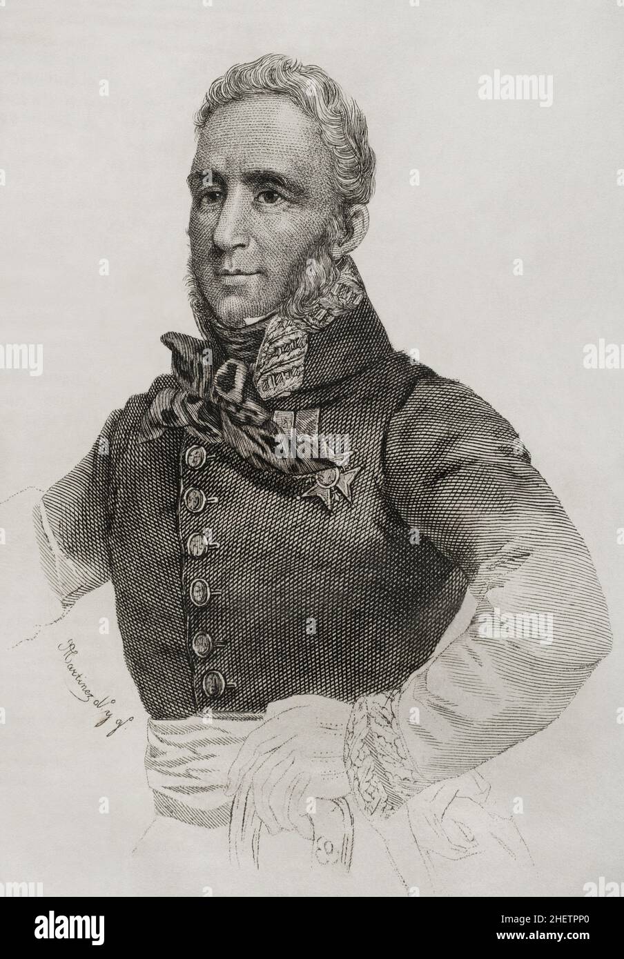 Francisco Espoz y Mina (1781-1836). Spanish military. Leader of the guerrillas of Navarre during the Spanish War of Independence (1808-1814). He fought on the Isabeline army in the First Carlist War (1833-1840), being the most responsible for the fight in the north of Spain against the Carlists. Portrait. Engraving by Martínez. Panorama Español, Crónica Contemporánea. Volume III. Madrid, 1845. Stock Photo