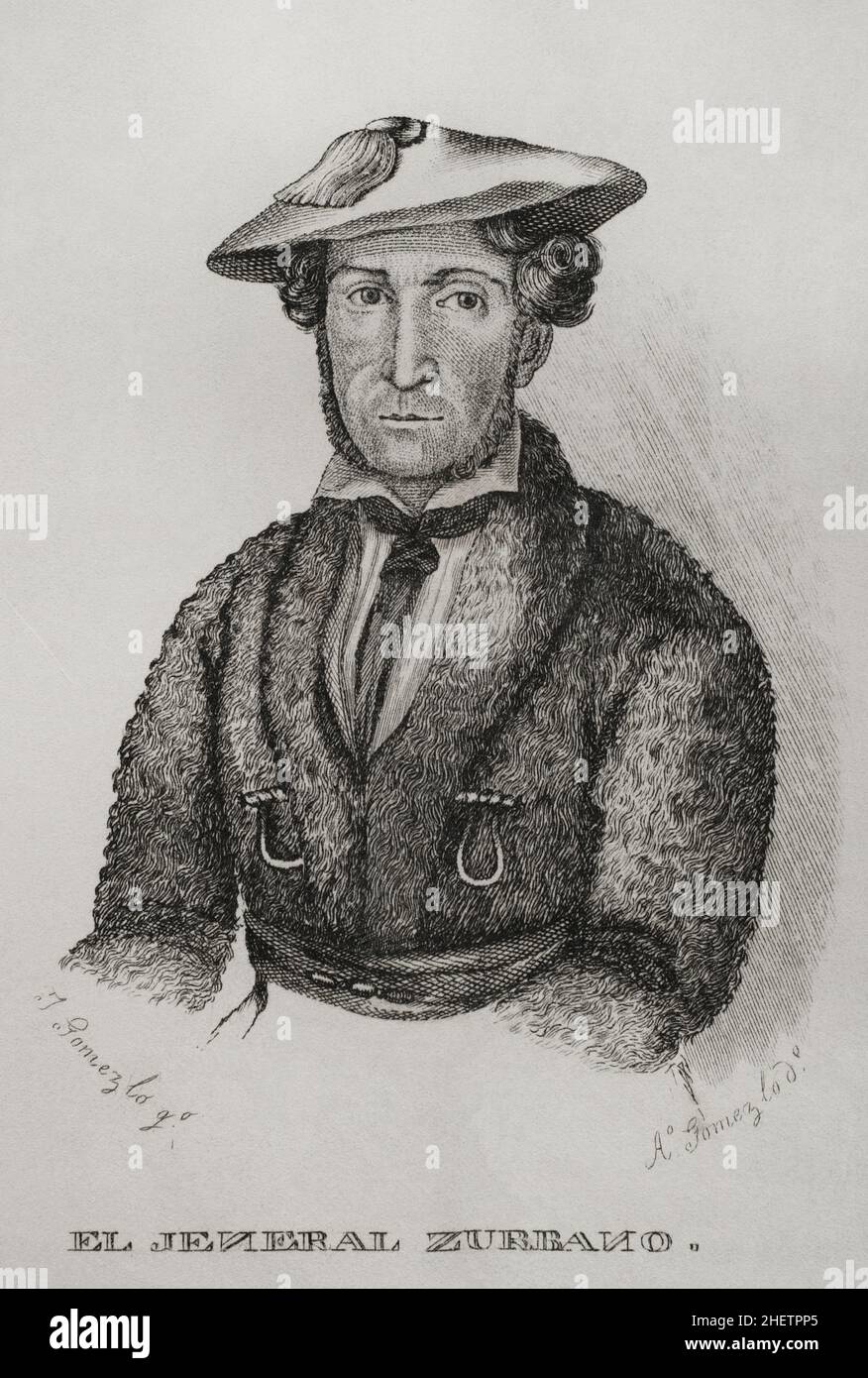 Martin Zurbano (1788-1845). Spanish guerrilla fighter. He fought in the First Carlist War on the Isabeline side (Liberal side). Portrait. Illustration by Antonio Gómez. Engraving by José Gómez. Panorama Español, Crónica Contemporánea. Volume III. Madrid, 1845. Stock Photo