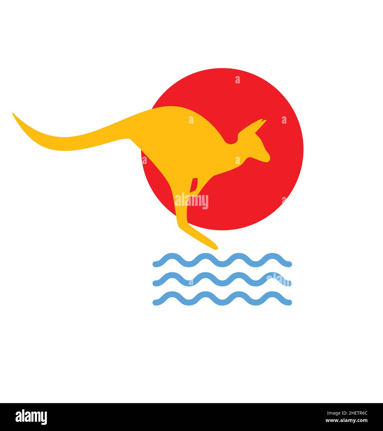 simplified stylised stylized australian kangaroo silhouette with red sun and blue water australia outback logo symbol icon Stock Vector