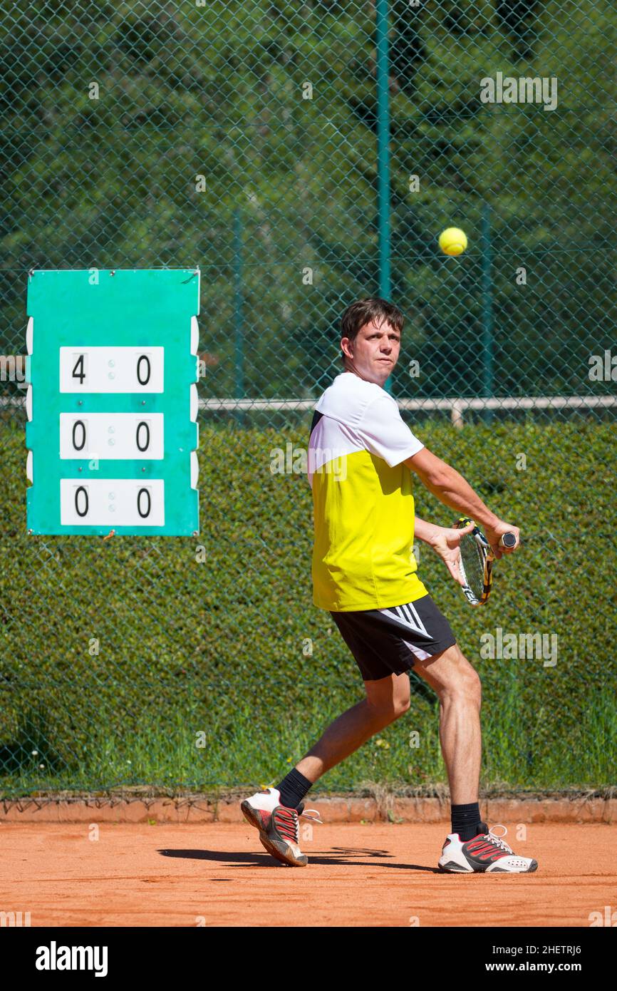 tennis player before playing backhand ball Stock Photo