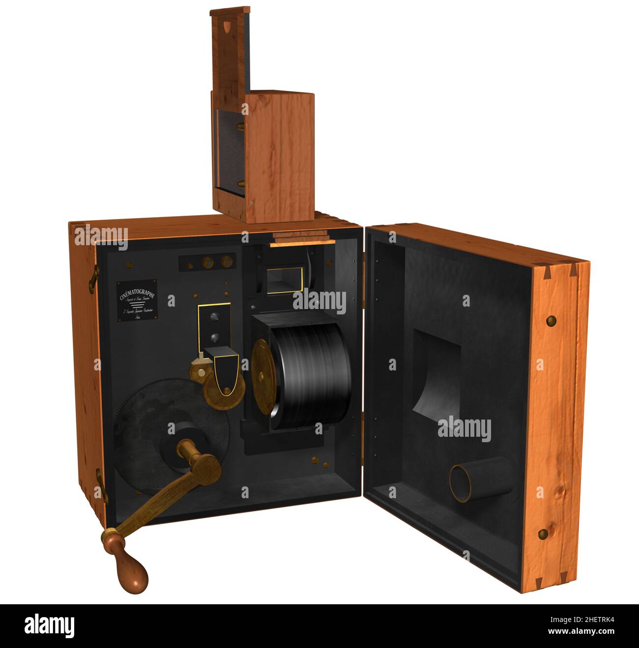 3D Rendering Illustration of Inner Mechanism of the 1890s Lumière Brothers Cinematographe. Stock Photo