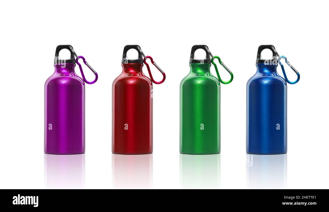 Stainless steel colorful collection of reusable water bottles isolated on white background Stock Photo