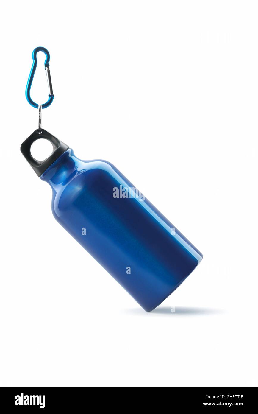 Side view of hanged blue water bottle isolated on white background Stock Photo