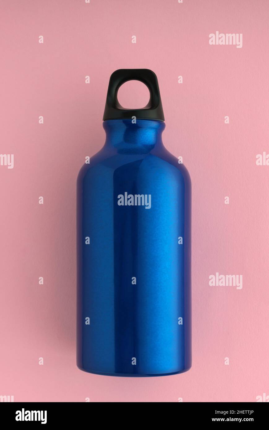 Top view of aluminum sport water bottle on pink background Stock Photo