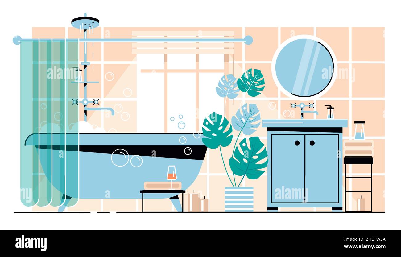 Cozy Bathroom interior vector illustration. Home Interior Objects ...