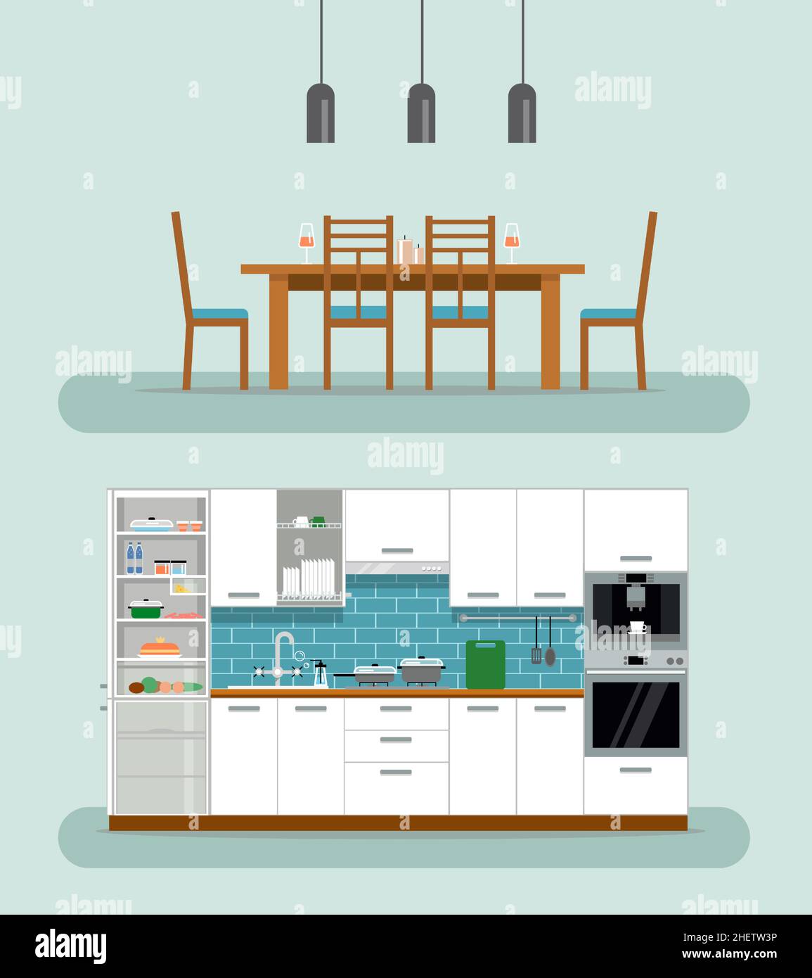 Cozy kitchen interior with table, stove, cupboard, dishes and fridge. Kitchen with furniture set. Flat style vector illustration. Stock Vector