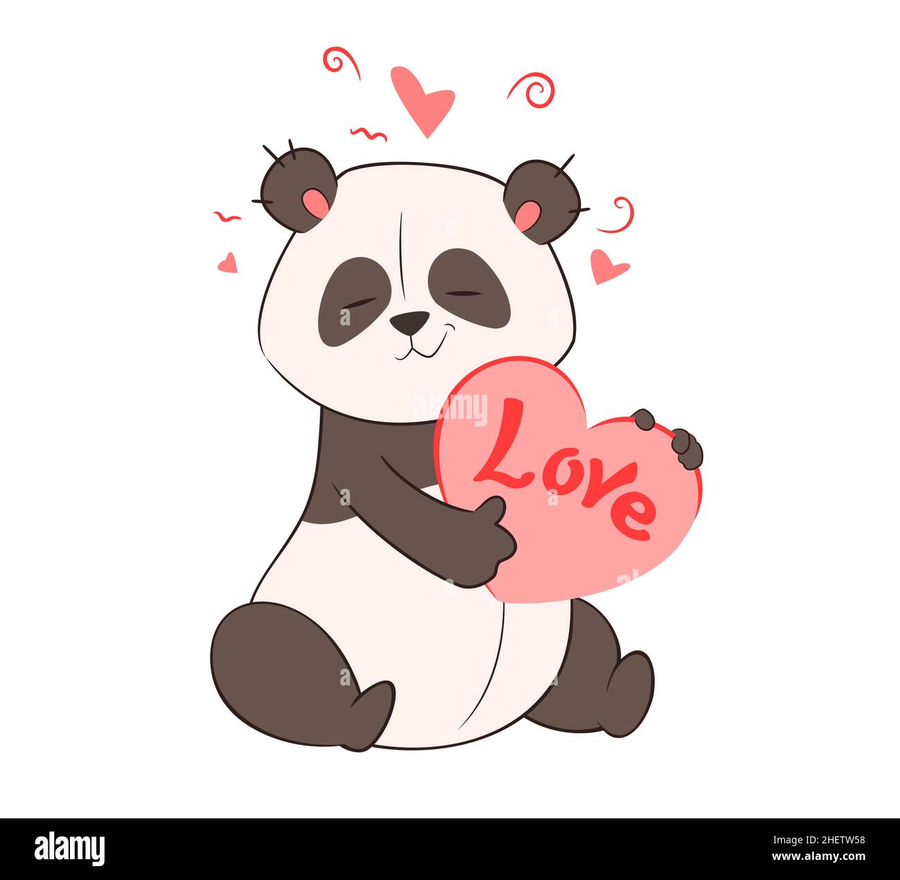 A cute panda holds in its paws a big heart with the inscription Love. Valentine's Day. Vector illustration, doodle, sketch, congratulation , cartoon Stock Vector