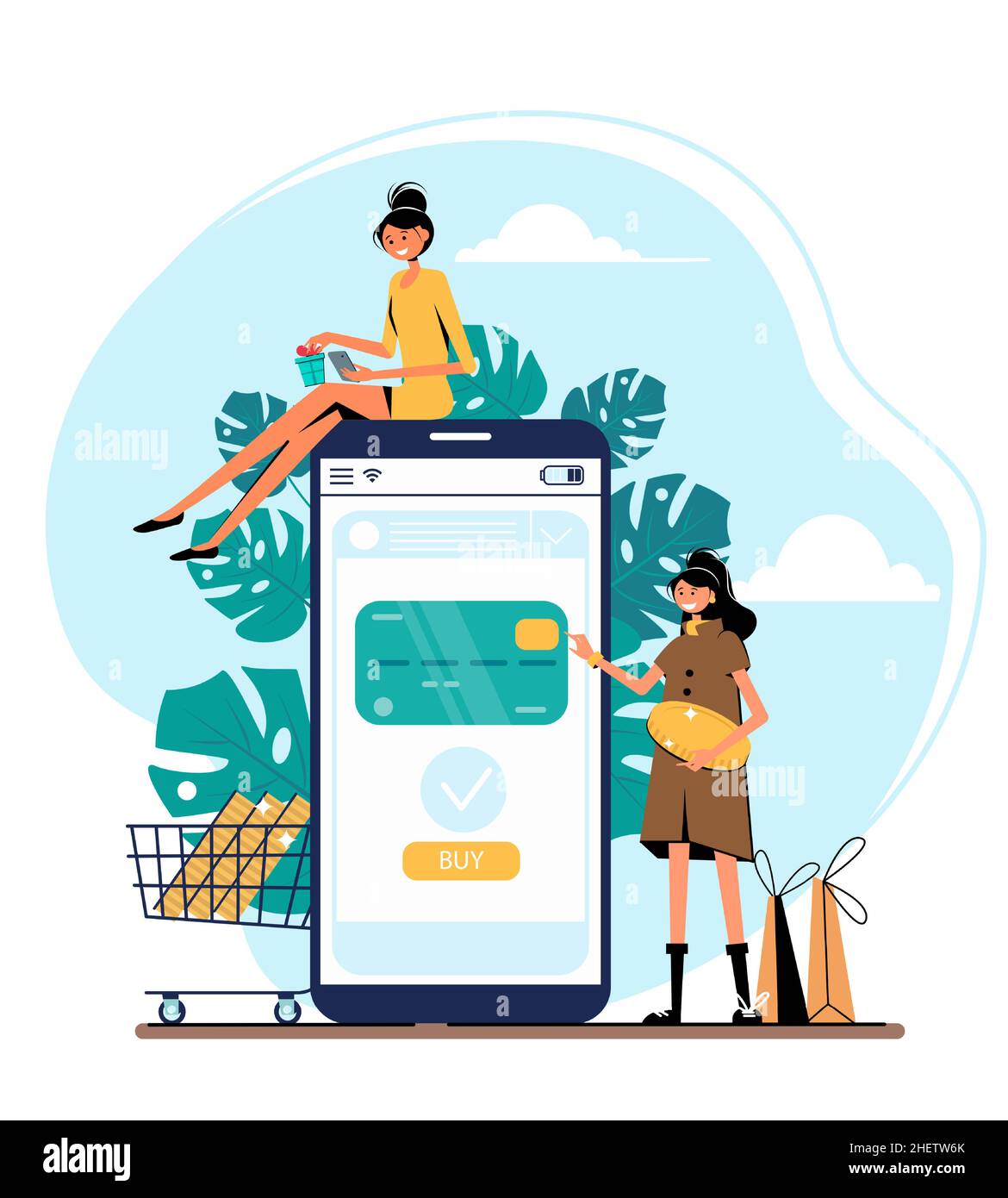 Business series, online shop -modern flat vector illustration concept of women shopping. Website interaction - purchase process. Creative landing page Stock Vector