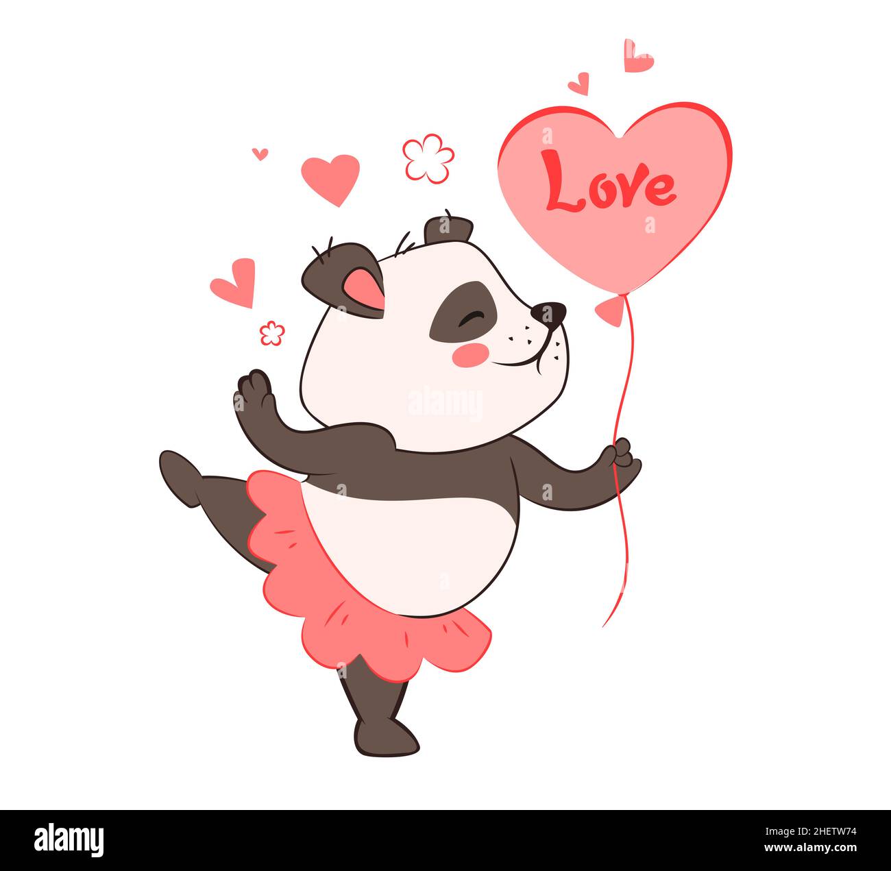 A panda girl in a pink tutu holds a balloon in the shape of a heart with the inscription Love in her paws. Valentine's Day. Vector illustration Stock Vector