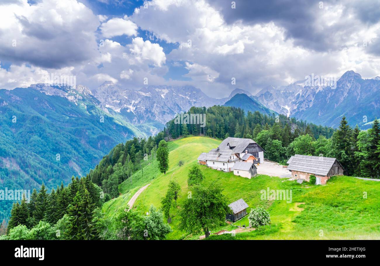 Mountain landscape, Alps in Slovenia with farm next to Logarska dolina Stock Photo