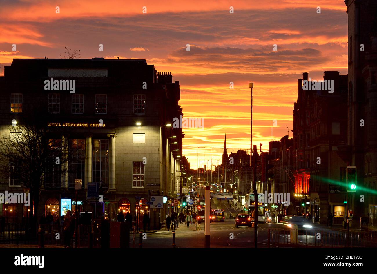 ABERDEEN, SCOTLAND - 12 JANUARY 2022: The sun goes down early in Aberdeen in January but often provides a fiery glow as its says goodbye. Stock Photo