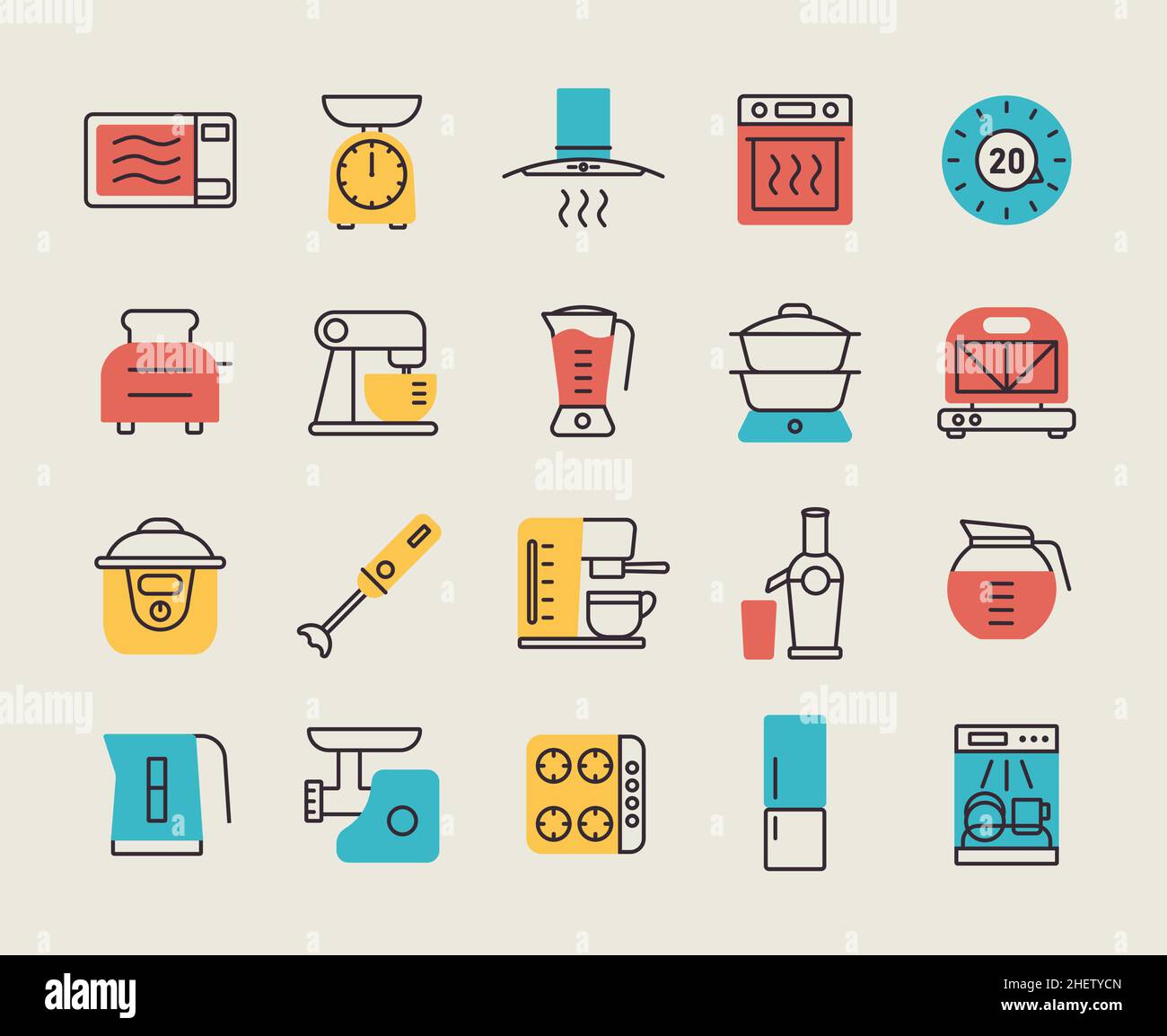 Kitchen appliances electronic electrical equipment tool vector flat icon set. Graph symbol for cooking web site and apps design, logo, app, UI Stock Vector