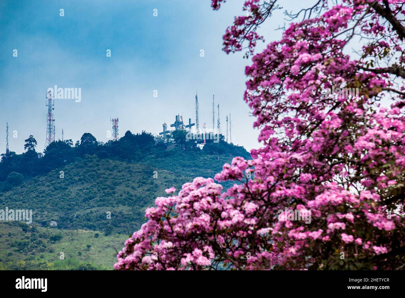 View of the iconic Hill of the Three Crosses at the city of Cali in Colombia Stock Photo