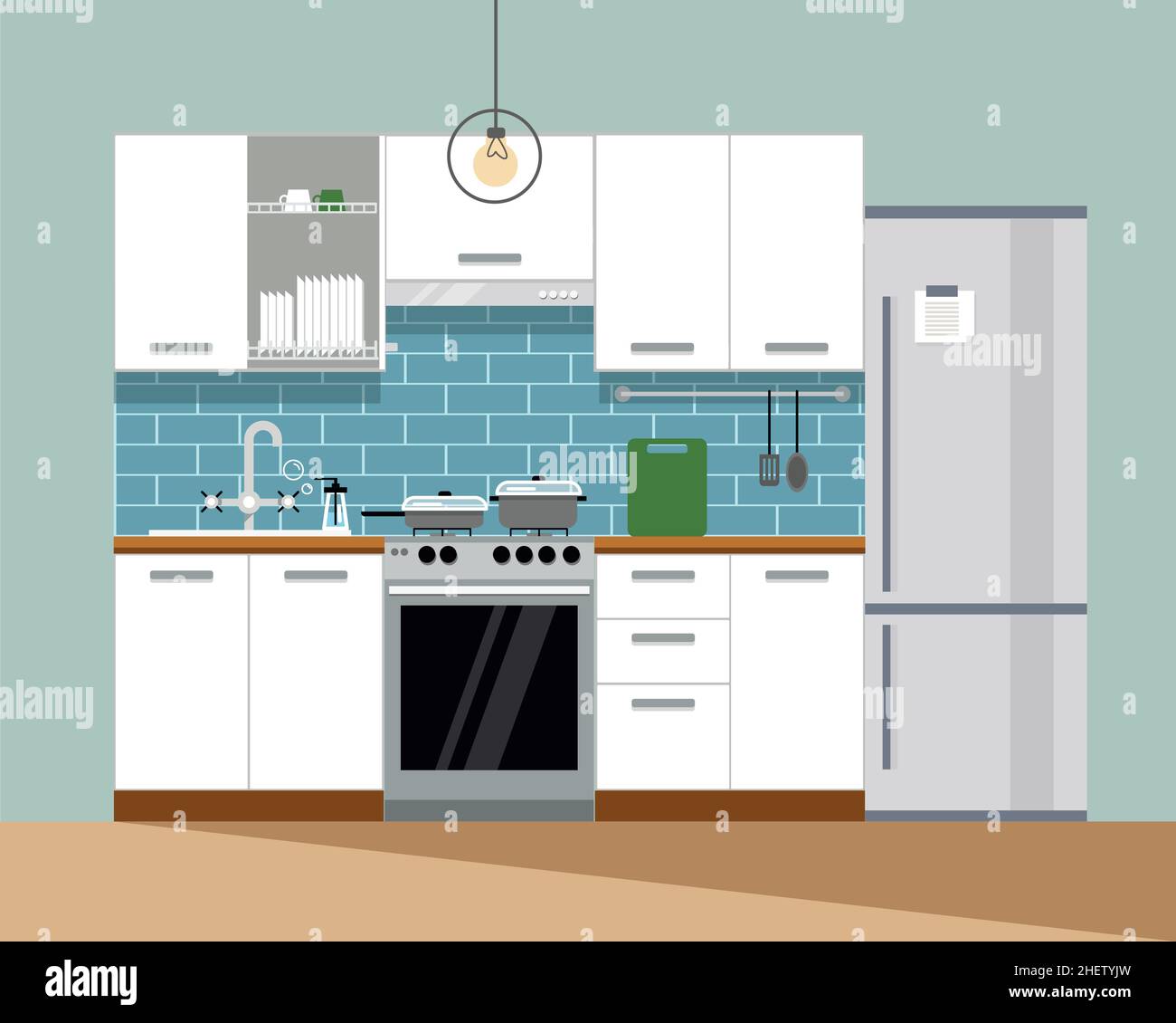 Modern cozy kitchen interior. Furniture and stove, dishes, fridge and utensils. Flat style, vector graphic design template. Stock Vector