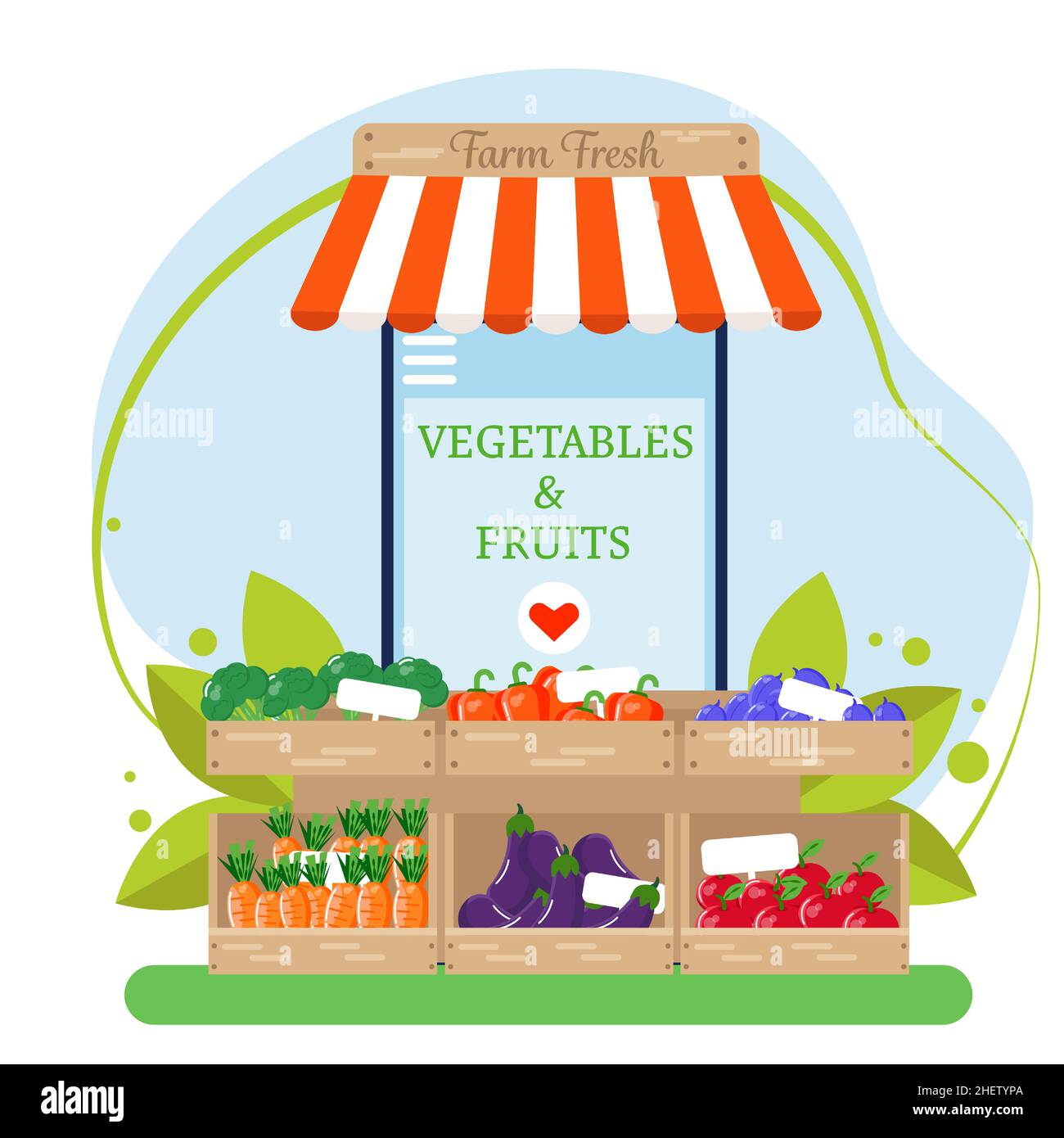 Mobile phone with awning and kiosk with fresh farm products. Eco-friendly vegetables and fruits. Vector illustration in flat style. Stock Vector
