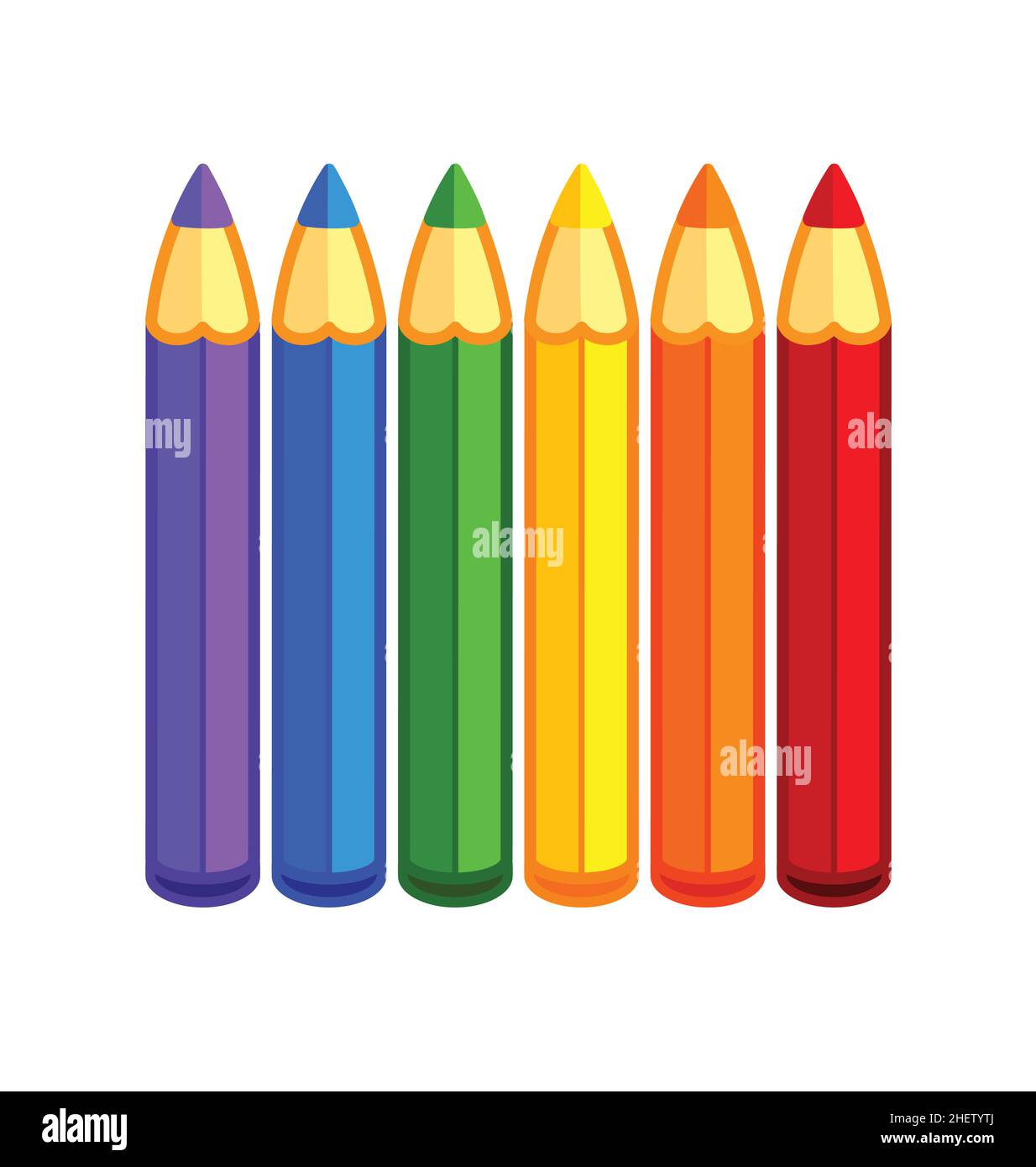 fun kids cute cartoon color colored pencils set purple blue green yellow orange red standing upright isolated on white background vector Stock Vector