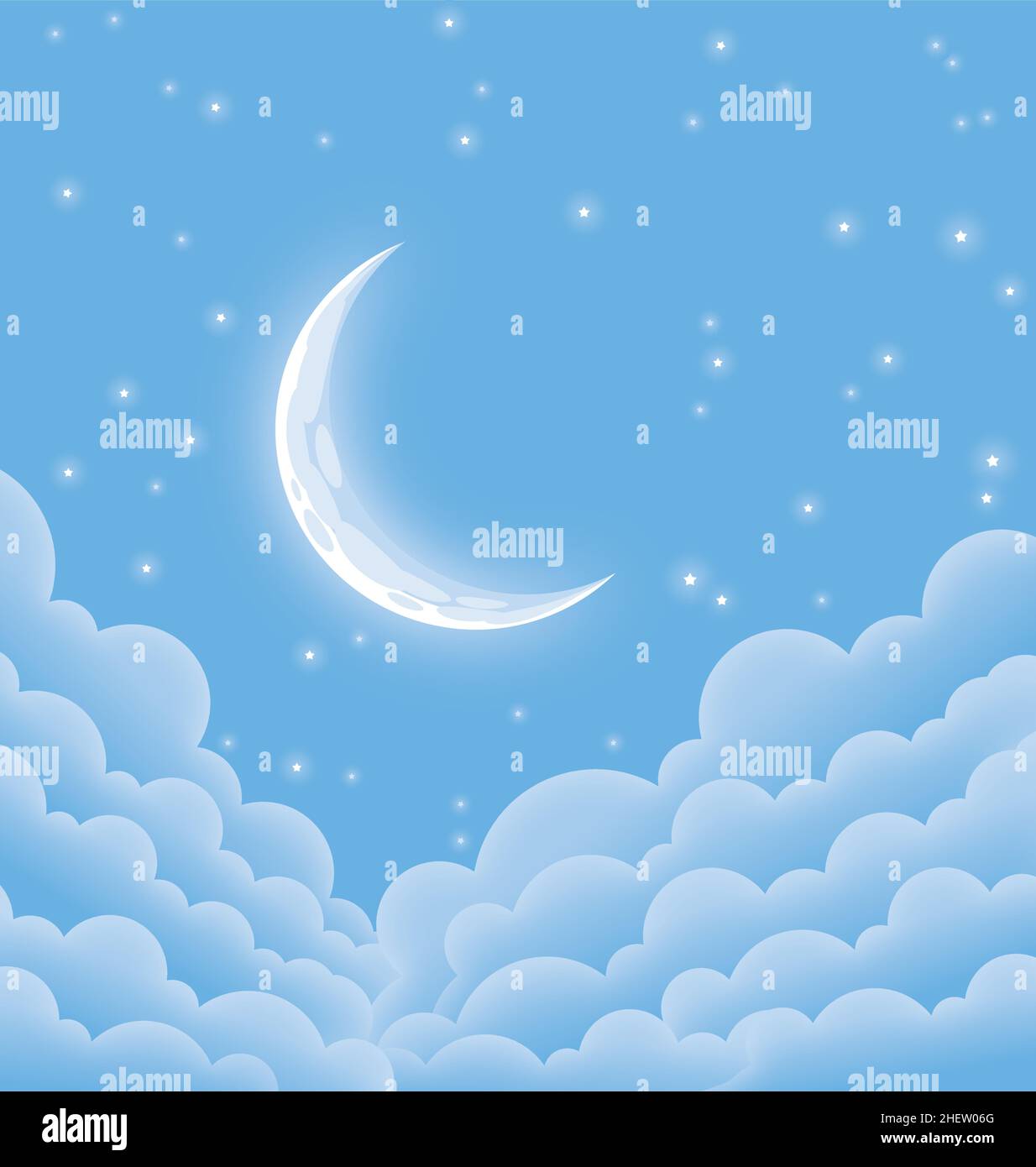 soft blue starry crescent moonlit night above clouds vector image background Stock Vector