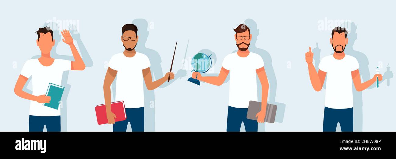 Male teachers with a globe, books and a test tube. A set of white-skinned and dark-skinned beautiful teachers. Concept for schools and education. Vect Stock Vector