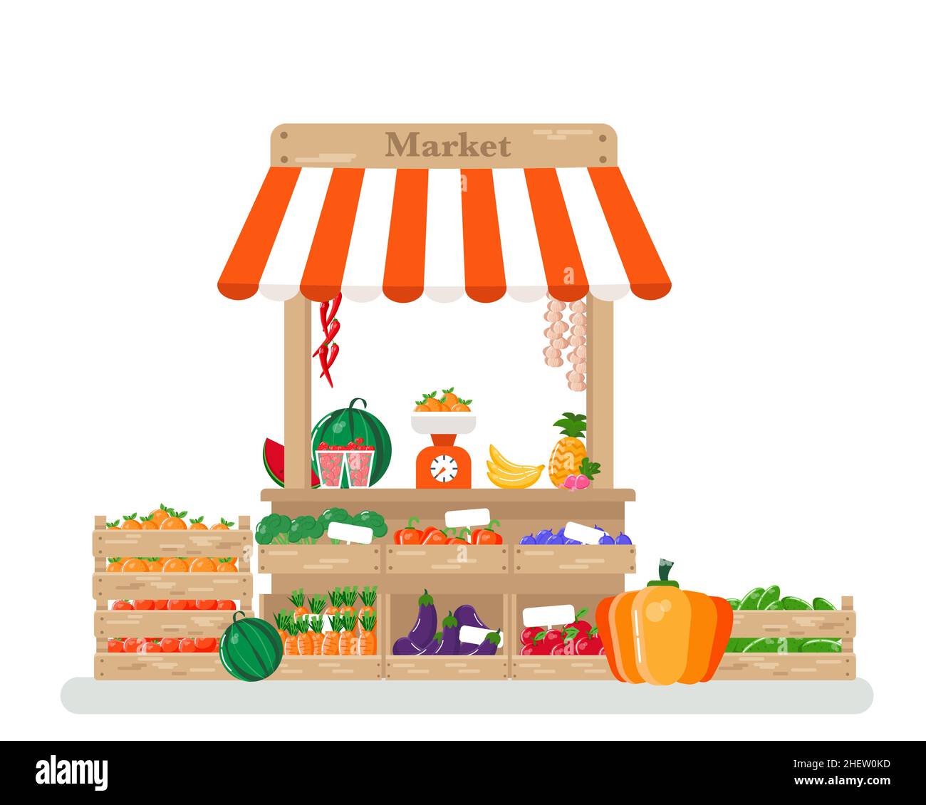 Shop tent with a white and red stripe. Market counter, wooden boxes, fruits and vegetables, scales. Vector illustration. Stock Vector