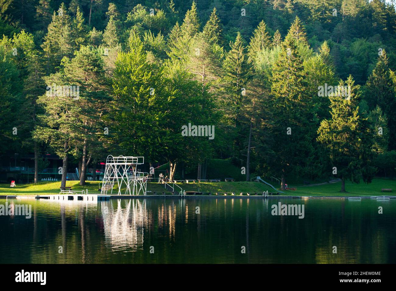 diving platform at swim lake in midden of green forest and nature Stock Photo