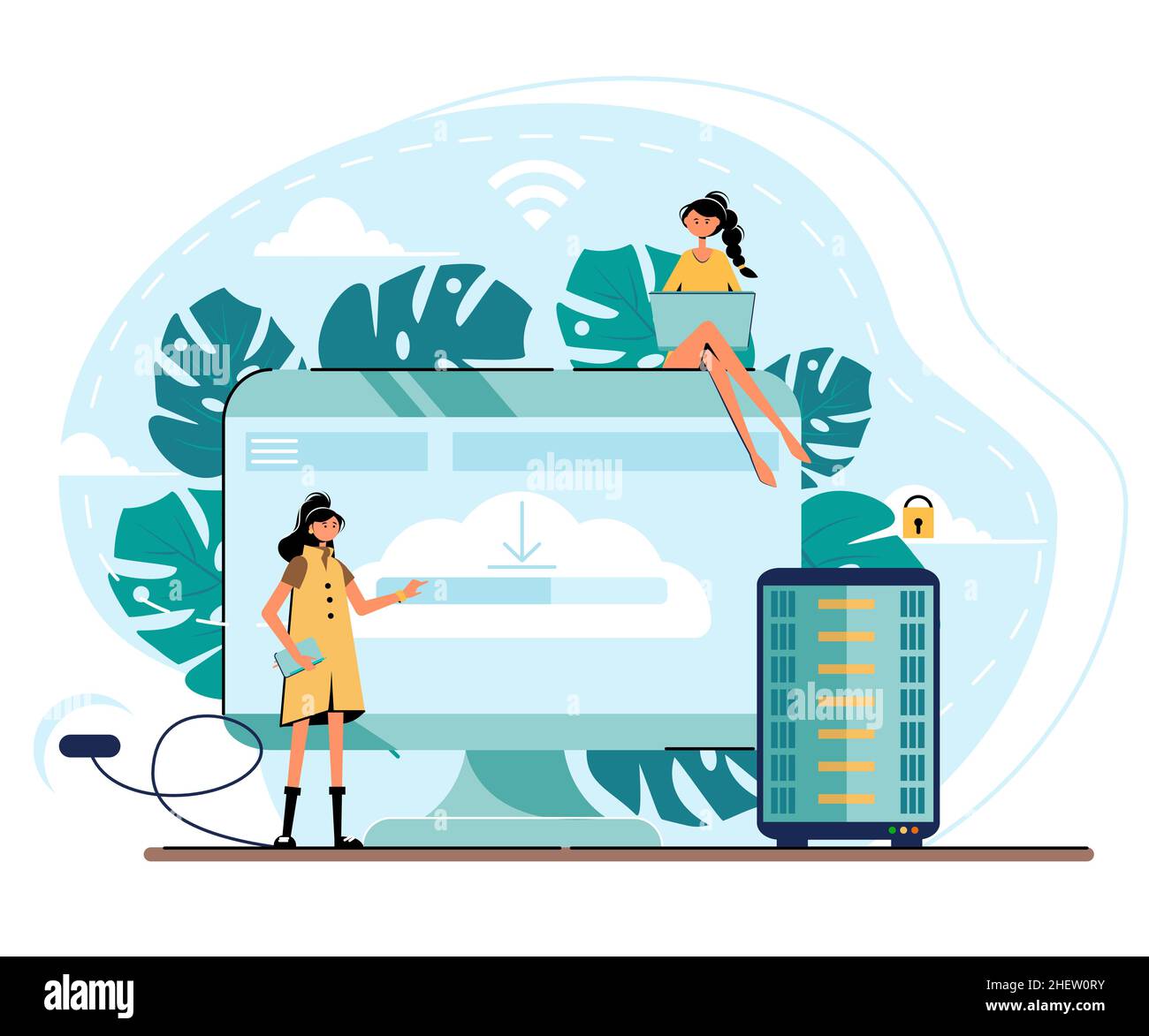 Pretty women configure the application on the big LCD screen. Server Illustration Concept. Back end development it concept. Software. Stock Vector