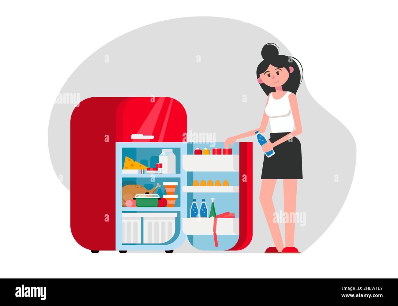 Woman with a refrigerator. Open fridge with food. Vector flat plane style illustration. Stock Vector