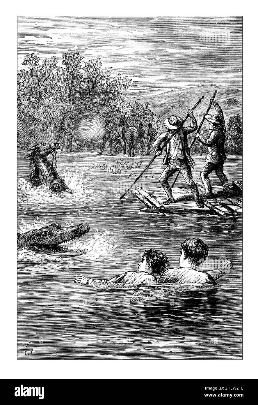 Dangerous River Crossing, 1882 children’s book line illlustration from Hendricks the Hunter Victorian children’s adventure story by William Henry Gile Stock Photo