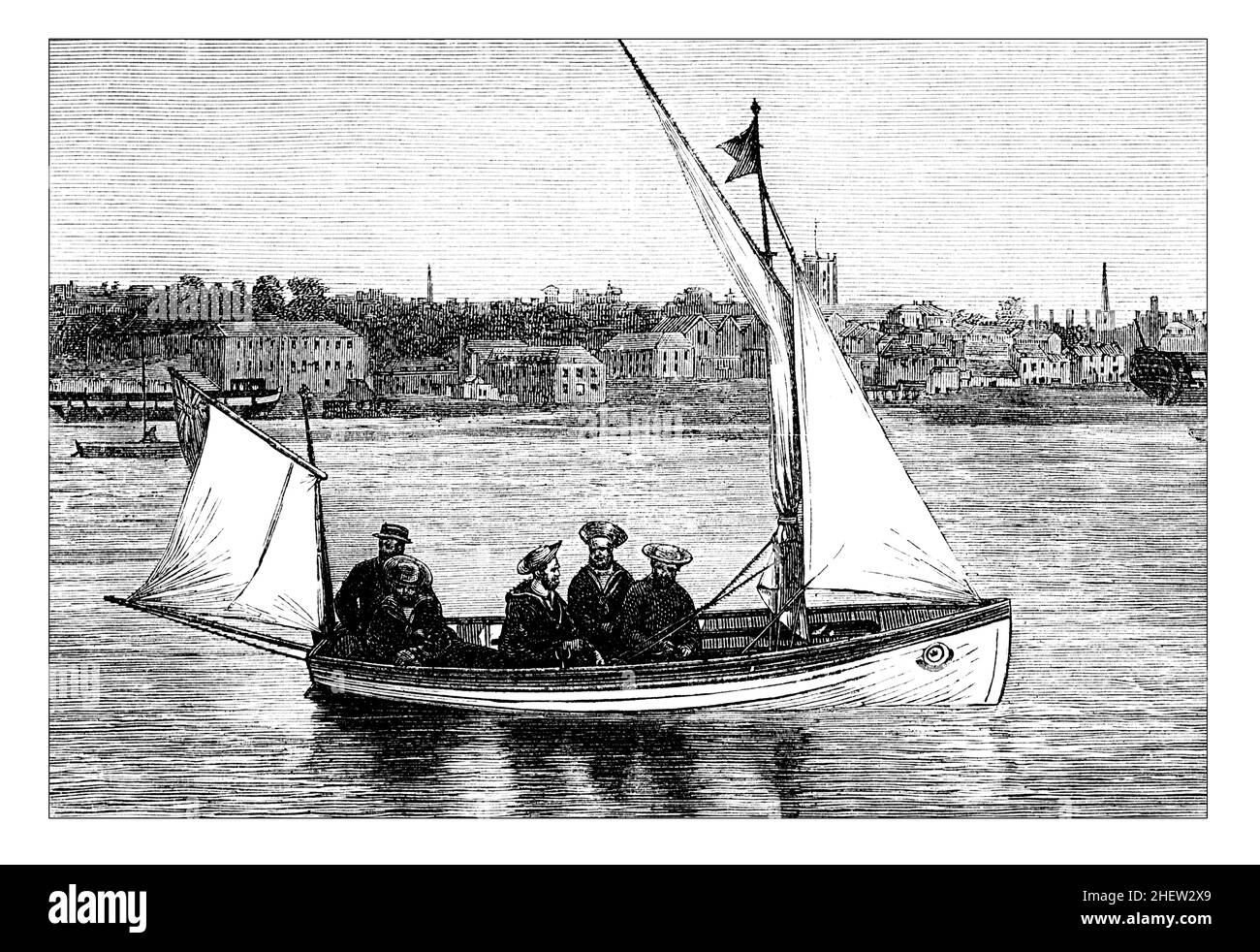 sailors in boat 1881 line illlustration, from Our Blue Jackets, A Narrative of Miss Weston's Life And Work Among Our Sailors, by Sophia G Wints Stock Photo