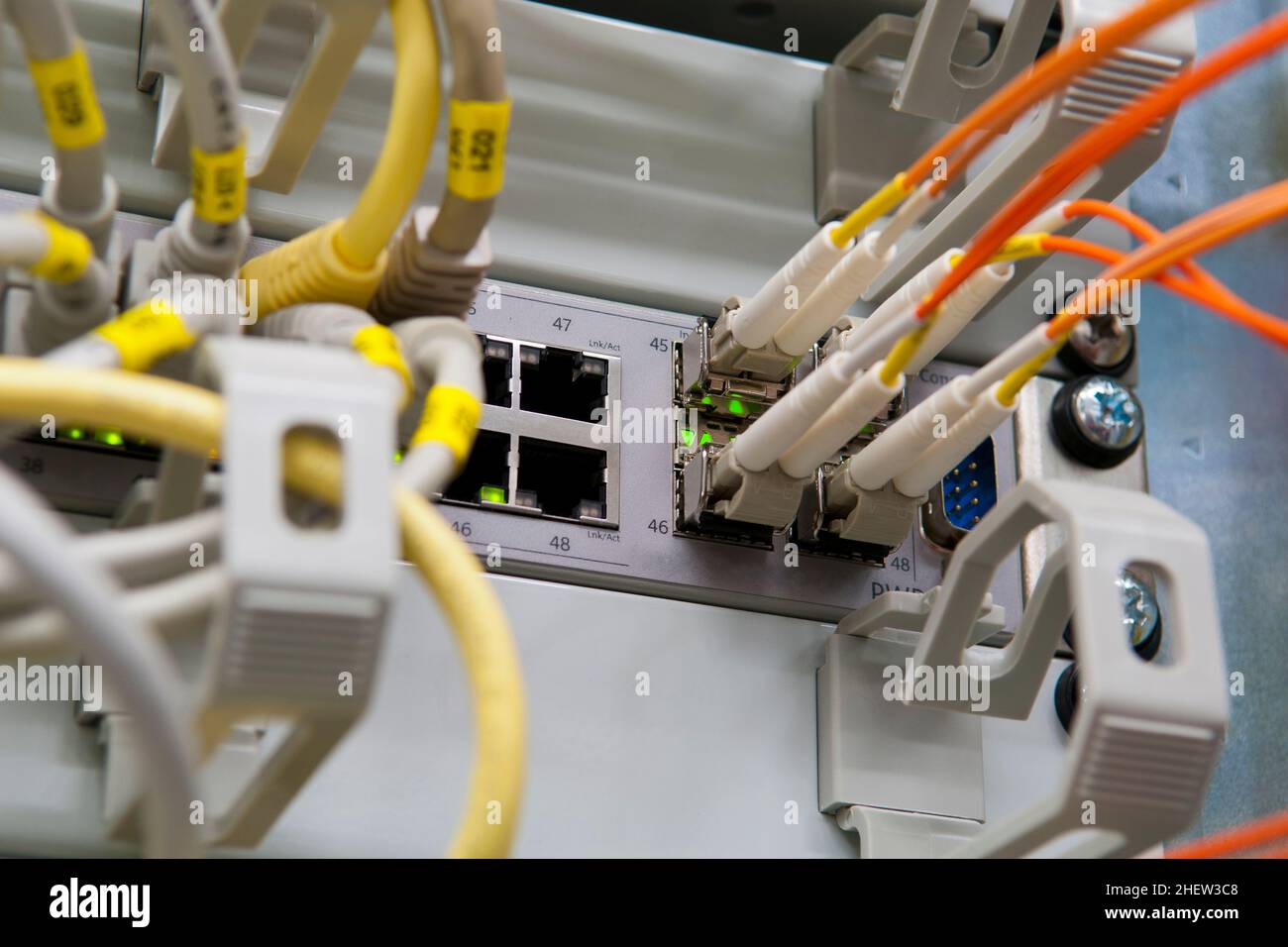 switch with labeled cables and optical fiber channel plugs