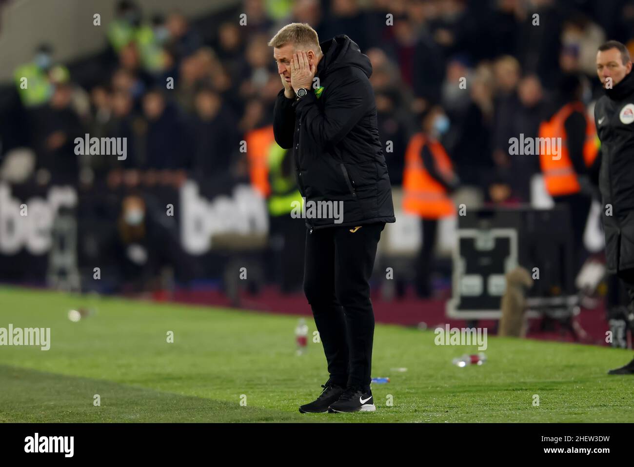 2th January 2022: London Stadium, London, England; Premier League football West Ham versus Norwich; A dejected Norwich City Manager Dean Smith as his team lose 2-0 Stock Photo