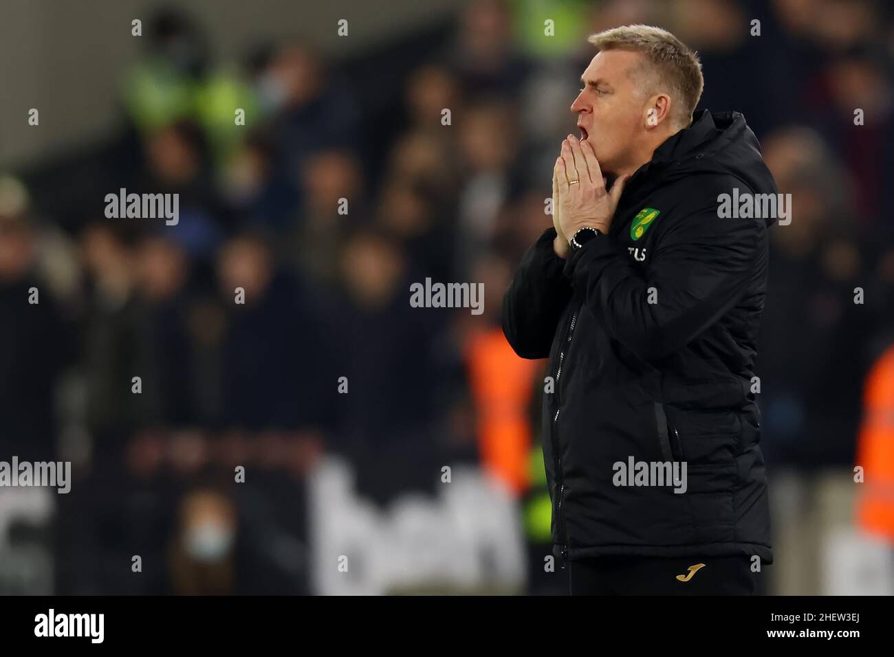 12th January 2022: London Stadium, London, England; Premier League football West Ham versus Norwich; A dejected Norwich City Manager Dean Smith as his team lose 2-0 Stock Photo