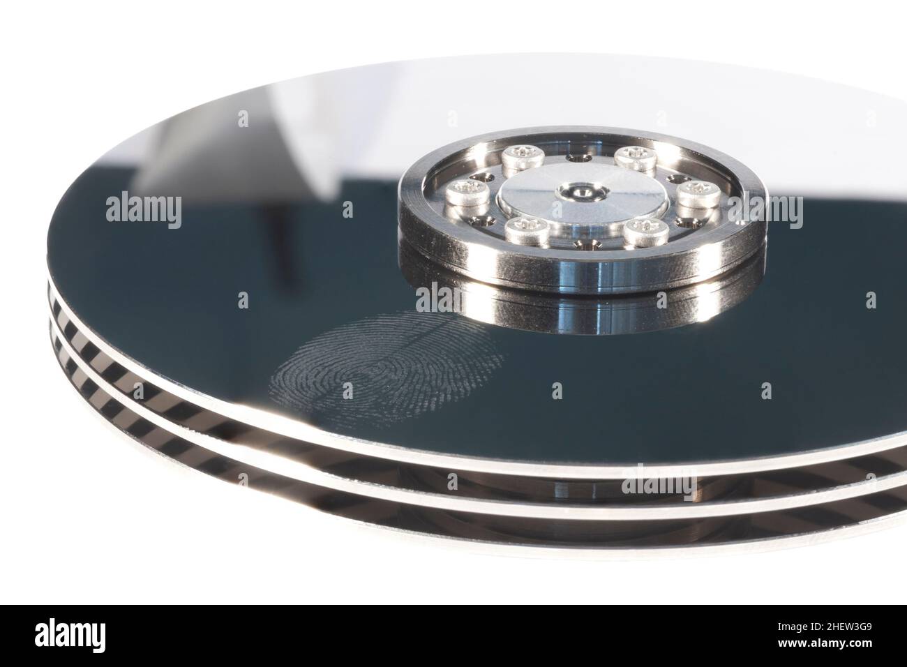 opened hard disk with fingerprint on it Stock Photo