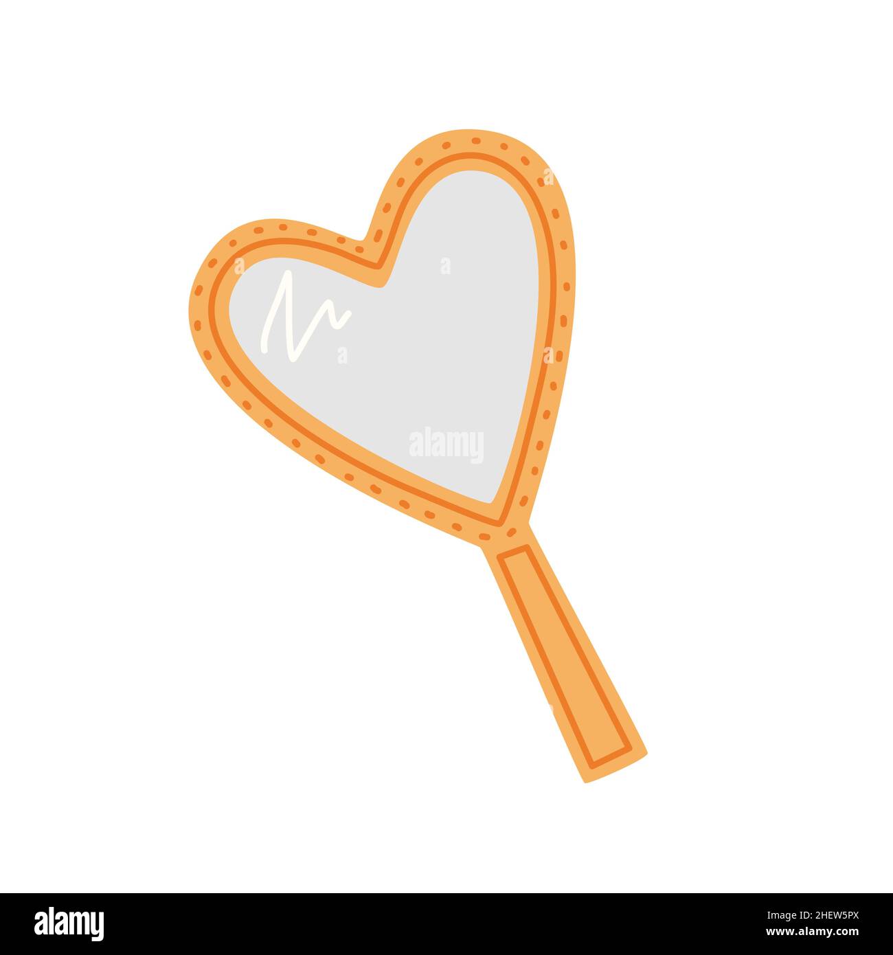Golden heartshaped handheld mirror with handle. Vector flat
