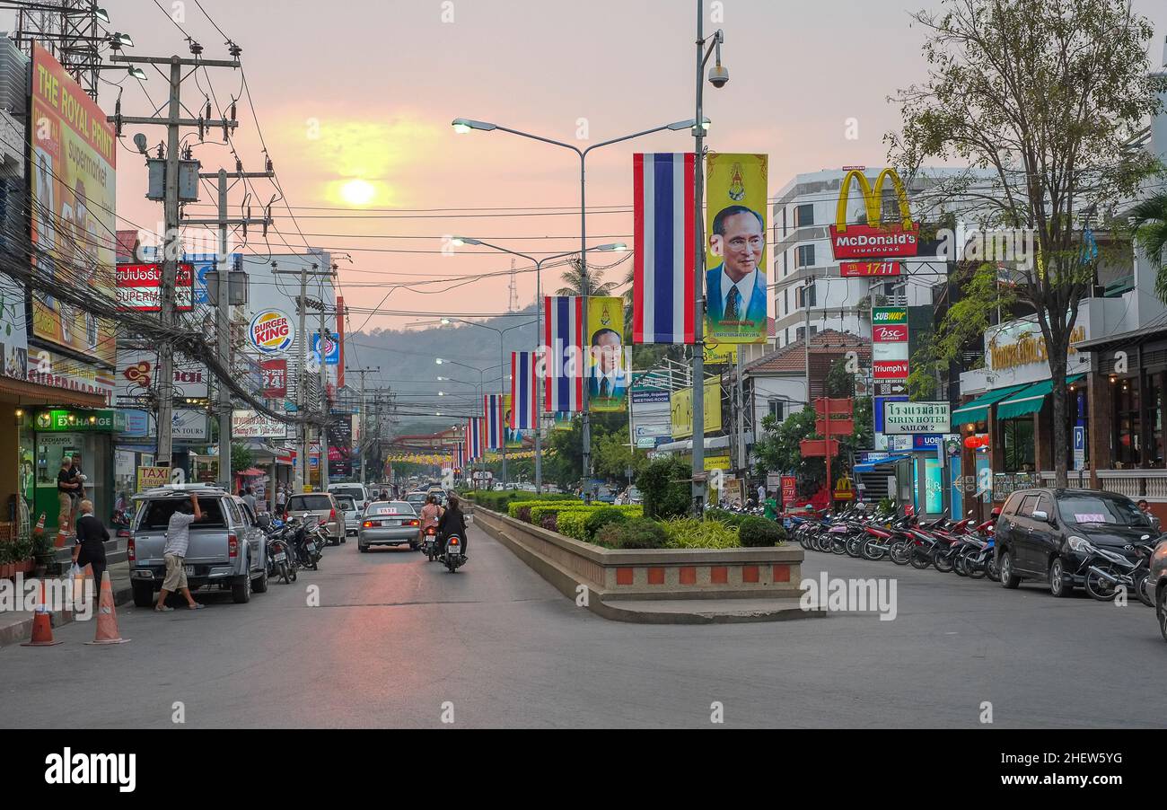 Urban scene from vintage Hua Hin at sunset. This is an old fishing village that became one of the most popular travel destinations in Thailand. Stock Photo