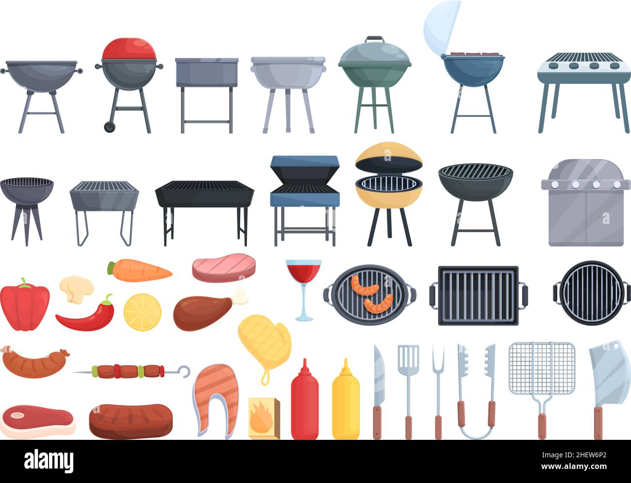 Grill icons set cartoon vector. Round cooking. Food equipment Stock Vector