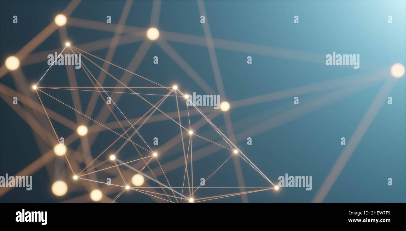 dark blue lights and orange abstract futuristic technology web network ...