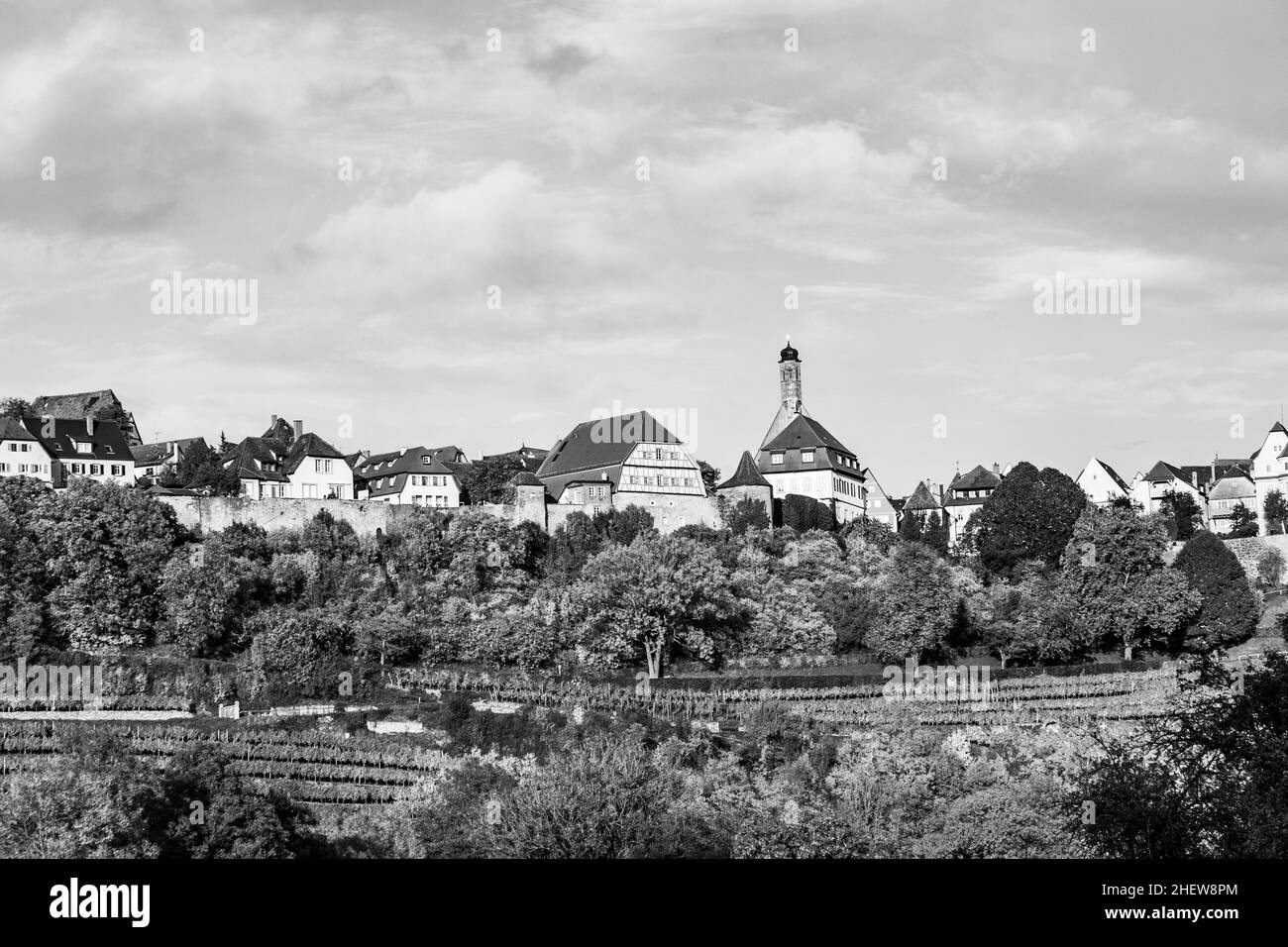 Rothenburg ob der Tauber, old famous city from medieval times seen from the romantic valley of the river Tauber Stock Photo