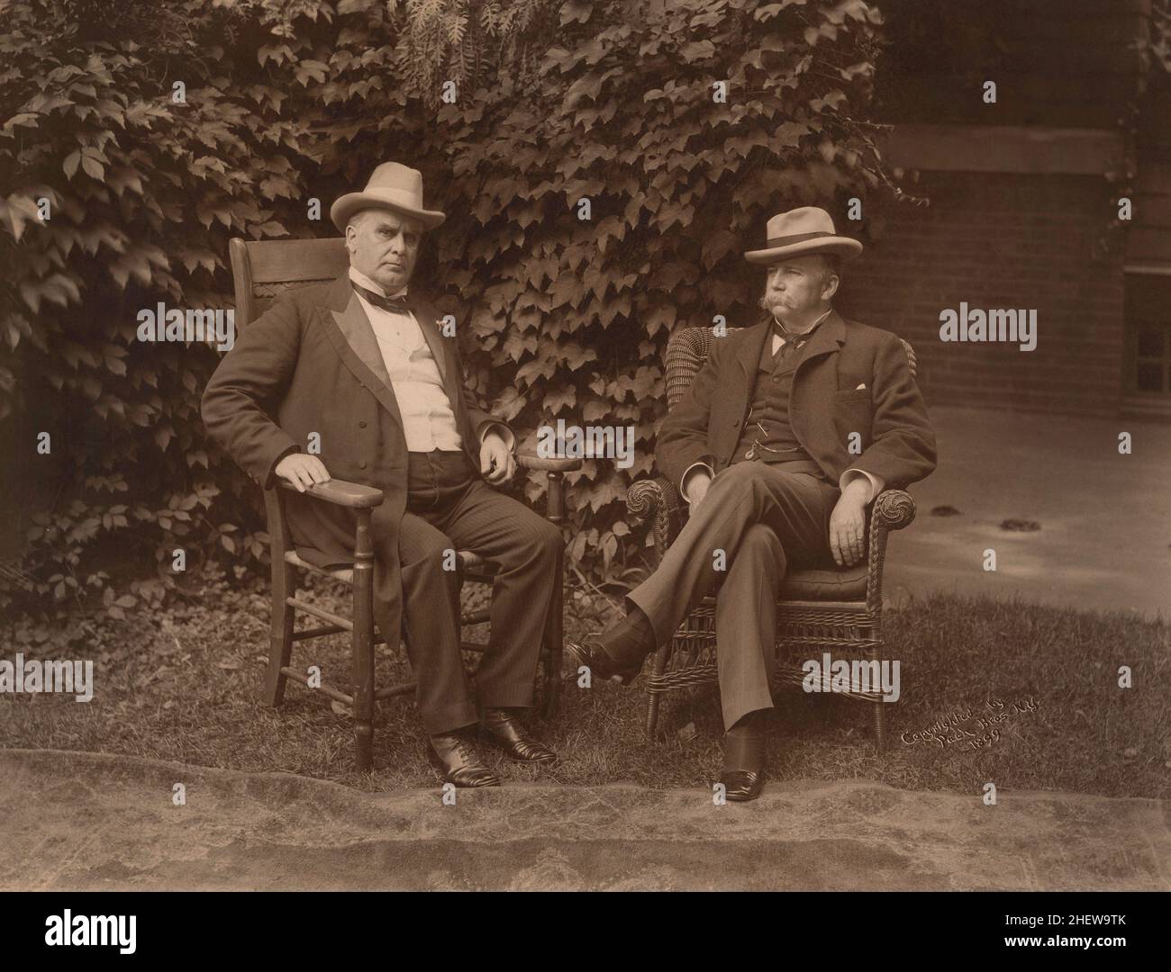 U.S. President William McKinley with U.S. Vice President Garret Hobart, seated Portrait, Long Branch, New Jersey, USA, Pach Brothers Studio, 1899 Stock Photo